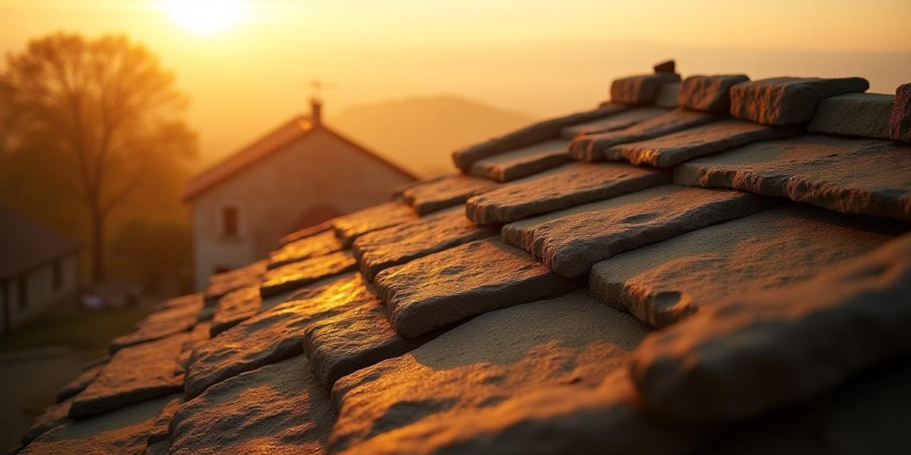 Toiture traditionnelle en lauze au lever du soleil